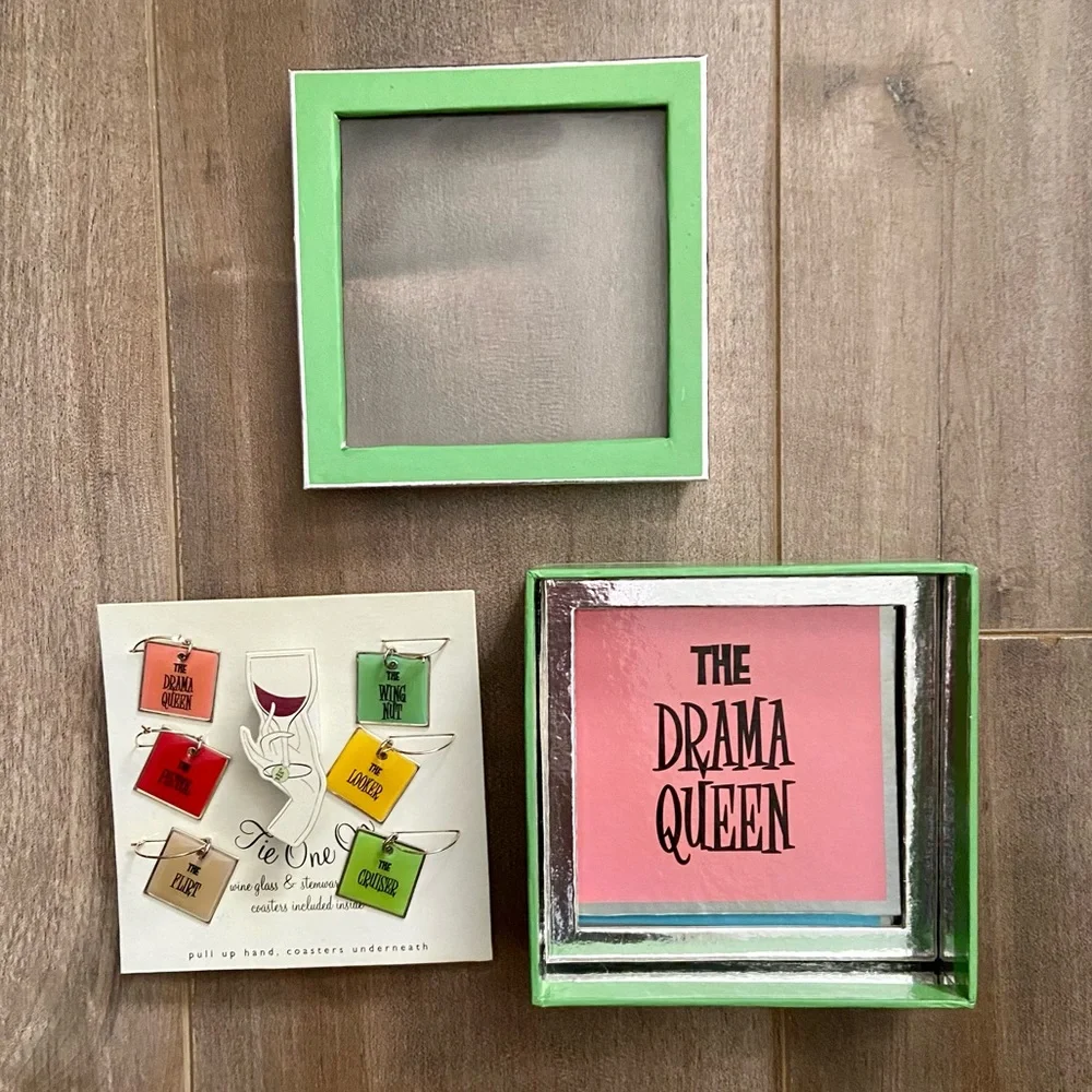 Tie One On Set of 6 Wine Glass Charms with Matching Coasters